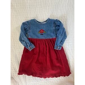 Osh Kosh B Gosh Dress Denim & Red Corduroy Rosebud Applique Ruffle Hem Size 4T